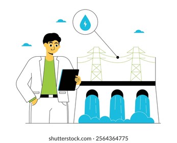 Electrician controls the flow of water flowing into the dam to be used as electric power, green energy vector illustration.