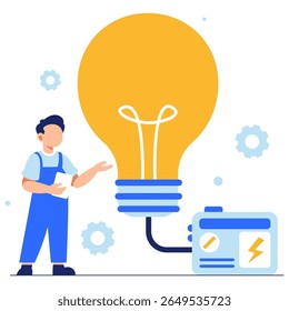 An electrician demonstrates energy principles using a glowing bulb and generator in a colorful workshop setting.