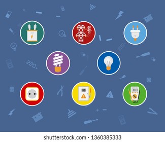 Electrician Device Equipment Element Item Set. Professional Electricity Symbol, Sign, Logo. Electrical Supply Station, Repair Accessory, Tool. Vector Flat Style Cartoon Illustration