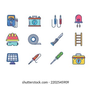 Electrician and electrical work element icon set