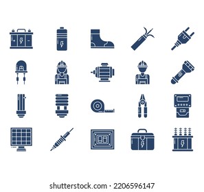 Electrician and electrical work element icon set