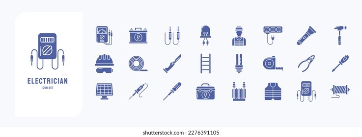 Electrician and electrical work icon set including icons like Ammeter, Battery, Cable, Diode and more
