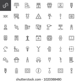 Electrician elements line icons set, outline vector symbol collection, linear style pictogram pack. Signs, logo illustration. Set includes icons as wire, high voltage, electric meter, power supply