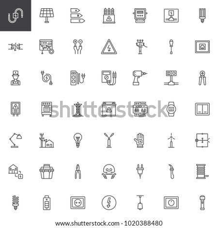 Electrician elements line icons set, outline vector symbol collection, linear style pictogram pack. Signs, logo illustration. Set includes icons as wire, high voltage, electric meter, power supply