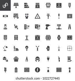 Electrician elements vector icons set, modern solid symbol collection, filled style pictogram pack. Signs, logo illustration. Set includes icons as wire, high voltage, electric meter, power supply