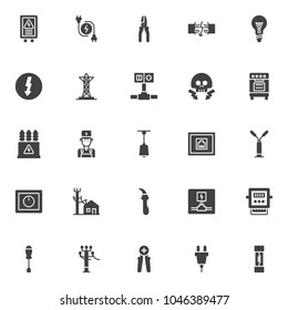 Electrician elements vector icons set, modern solid symbol collection, filled style pictogram pack. Signs, logo illustration. Set includes icons as electrical panel, electric plugs, electrical wires