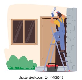 Electrician Engineer Character Skillfully Installs A Lamp At The Home Entrance Door, Ensuring Safe, Efficient Lighting For Welcoming Guests And Enhancing Security. Cartoon People Vector Illustration