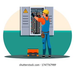 Electrician engineer checking up voltage, current, resistance with multimeter at breaker switch box. Electrical service panel cabinet. Technician character at work. Maintenance and repair