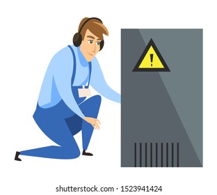 Electrician engineer flat vector illustration. Young male technician character checking electrical panel. Repairman in overall working isolated on white background. Electricity maintenance service