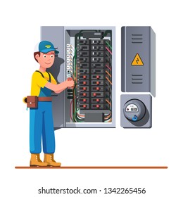 Electrician engineer man working with breaker & fuse box. Electrical service panel cabinet electric meter. Switch board wiring maintenance job. Flat vector technician character illustration