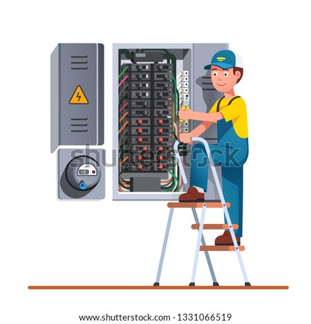 Electrician engineer man working with breaker & fuse box on ladder. Electrical service panel cabinet electric meter. Switch board wiring maintenance job. Flat vector technician character illustration
