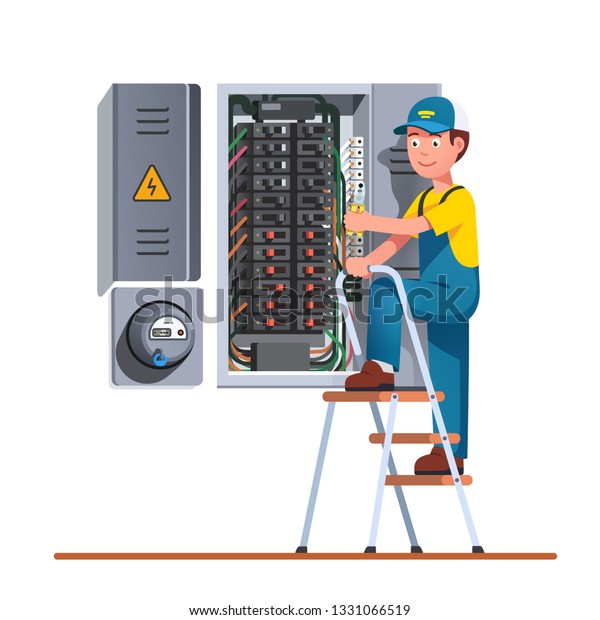 Electrician Engineer Man Working Breaker Fuse Stock Vector ... cartoon electrical fuse box 