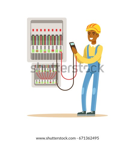 electrician engineer measuring voltage output fuse stock vectorelectrician engineer measuring the voltage output in fuse box, electric man performing electrical works vector