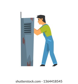 Electrician Engineer Repairing Equipment in Fuse Box, Electric Man Character in Blue Overalls Vector Illustration