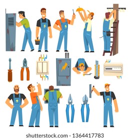 Electrician Engineers with Professional Electrician Tools Set, Electric Men Characters in Blue Overalls at Work Vector Illustration