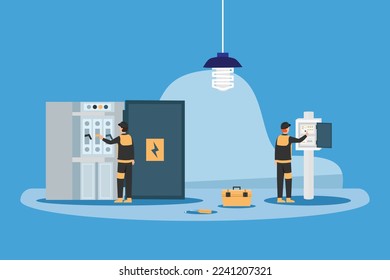 Electrician engineers working with breaker  fuse box 2d vector illustration concept for banner, website, illustration, landing page, flyer, etc.