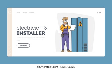 Electrician Examine Working Draft at Dashboard Landing Page Template. Worker Character Work with Electric Meter Tester Installing Switching Electric Actuator in Fuse Box. Linear Vector Illustration