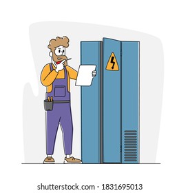 Electrician Examine Working Draft or Measure Voltage at Dashboard. Worker Character Work with Electric Meter Tester Installing Switching Electric Actuator in Fuse Box. Linear Vector Illustration
