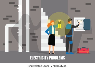 Electrician Fixing Fuse Box in Dark Basement with Woman Holding Lantern During Power Outage 2d flat vector illustration