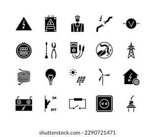 Electrician flat line icons set. Contains such Icons as power socket, torn wire, energy meter, lamp, electricity services. Simple flat vector illustration for web site or mobile app