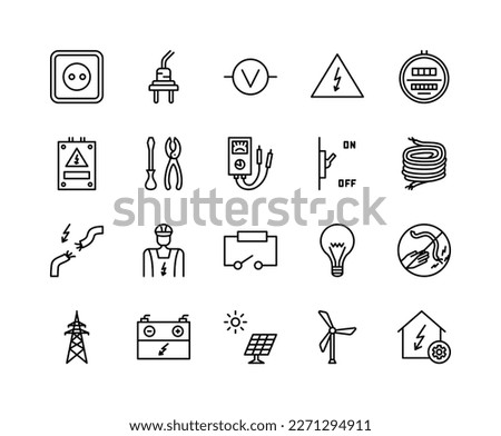 Electrician flat line icons set. Contains such Icons as power socket, torn wire, energy meter, lamp, electricity services. Simple flat vector illustration for web site or mobile app
