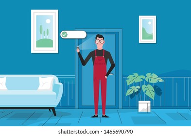 Electrician going to work checking his phone for online work