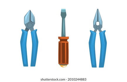 Electrician Hand Tool and Equipment with Pliers and Screwdriver Vector Set
