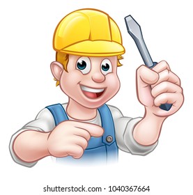 An electrician handyman cartoon character holding a screwdriver and pointing