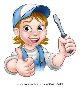 An electrician handyman cartoon character holding a screwdriver and giving a thumbs up