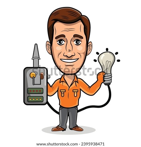 Electrician handyman Holding an bulb vector illustration. electrician cartoon character illustration.