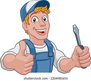 Electrician handyman man handy holding electricians screwdriver tool cartoon construction mascot. Peeking over a sign and giving a thumbs up.