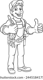 Electrician handyman man handy holding electricians screwdriver tool cartoon construction mascot. Giving a thumbs up.