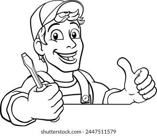 Electrician handyman man handy holding electricians screwdriver tool cartoon construction mascot. Peeking over a sign and giving a thumbs up.