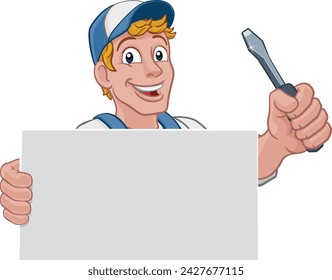 An electrician handyman or other construction cartoon mascot man holding a screwdriver tool.