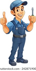 An electrician handyman or other construction cartoon mascot man holding a screwdriver tool.