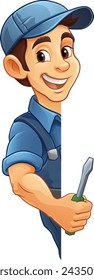 An electrician handyman or other construction cartoon mascot man holding a screwdriver tool.