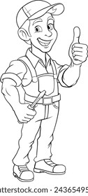 An electrician handyman or other construction cartoon mascot man holding a screwdriver tool.