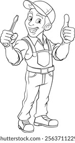 An electrician handyman or other construction cartoon mascot man holding a screwdriver tool.