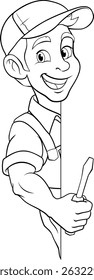 An electrician handyman or other construction cartoon mascot man holding a screwdriver tool.