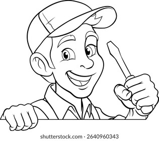 An electrician handyman or other construction cartoon mascot man holding a screwdriver tool.