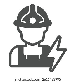 Electrician with helmet and lightning solid icon, electrical service concept. Vector graphics. Handy man with flashlight sign on white background, glyph style icon for mobile or web design
