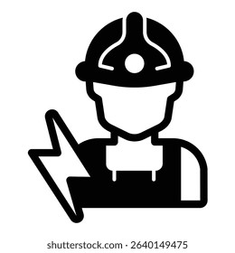 Electrician with helmet and lightning solid icon, electrical service concept. Vector graphics. Handy man with flashlight sign on white background, style mobile or design