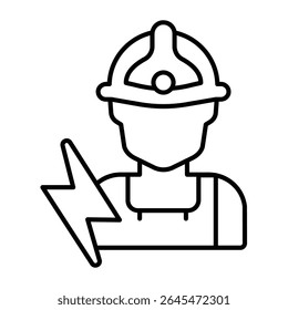 Electrician with helmet and lightning thin line icon, electrical service concept. Vector graphics. Handy man with flashlight sign on white background, style mobile or design