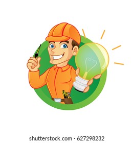 Electrician holding light bulb and screwdriver isolated in white background 