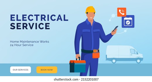 Electrician holding a smartphone and receving calls, professional electrical service on call