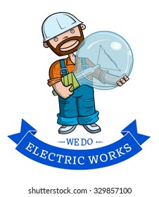 Electrician holds a huge electric bulb in hands