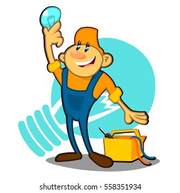 electrician holds a light bulb, profession, person, a cartoon hero