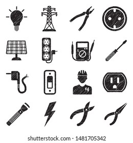 Electrician Icons. Black Scribble Design. Vector Illustration.