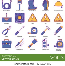 Electrician icons including ethernet cable, telephone, fiberglass hard hat, grounding, circuitry, 220V, 110V, 110-240V, pliers, screwdriver, measuring tape, hammer, toolbox, soldering iron, flashlight