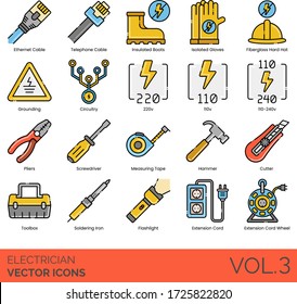 Electrician icons including ethernet cable, telephone, insulated boots, isolated gloves, fiberglass hard hat, grounding, circuitry, 220V, pliers, screwdriver, measuring tape, hammer, cutter, toolbox.